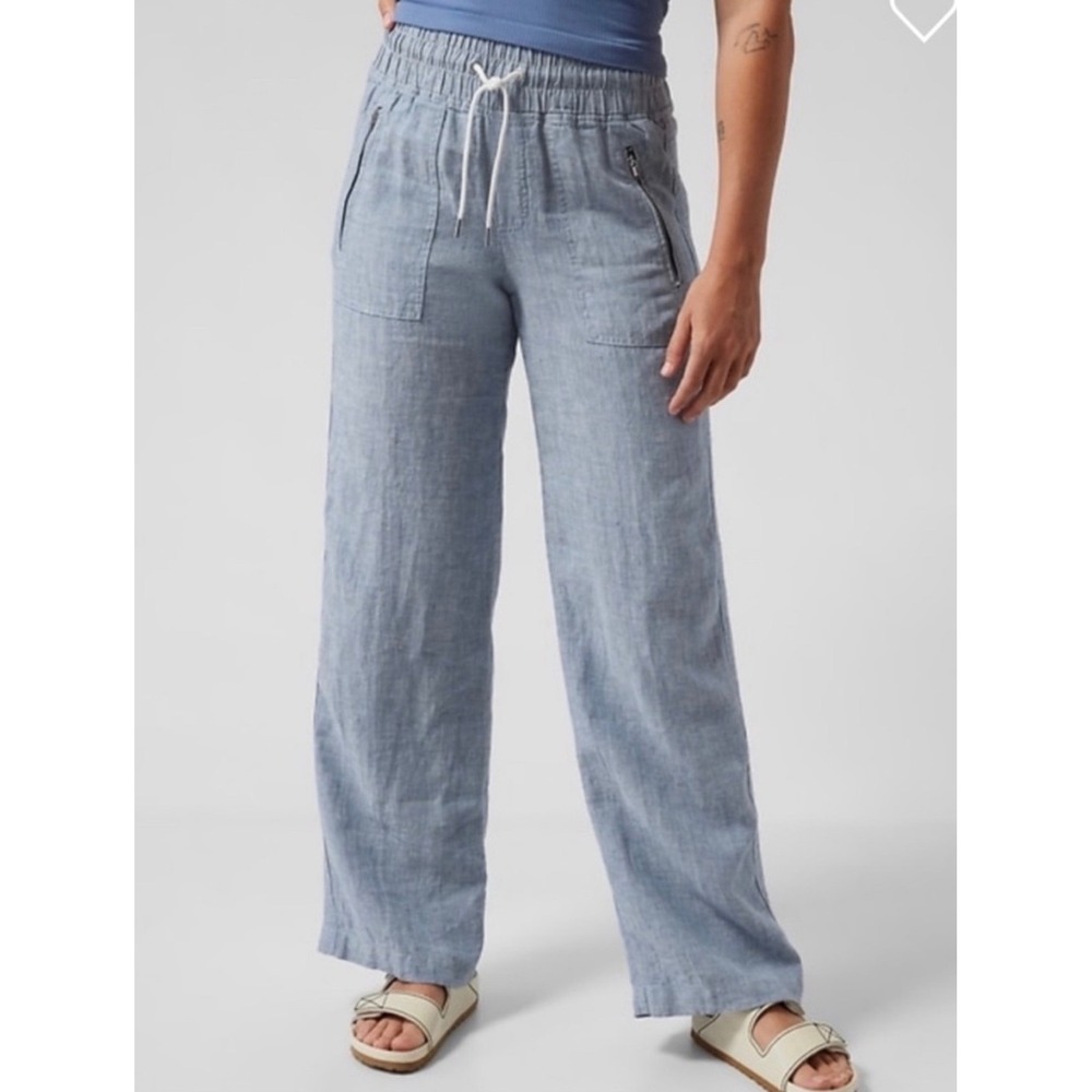 Athleta Womens Chambray Blue Cabo Linen Wide Leg Coastal Beach Travel Pants 0